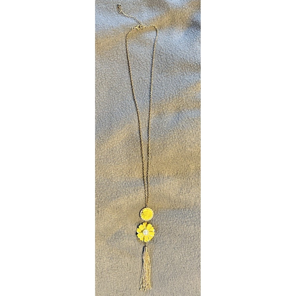C1946 28 Inches Long Necklace Adjustable with 2 Flowers Yellow and Tassel